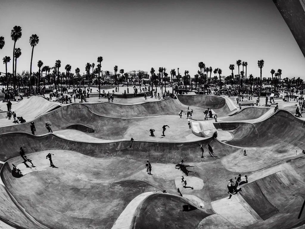 Prompt: “A black and white fisheye photo of Venice beach skate park”