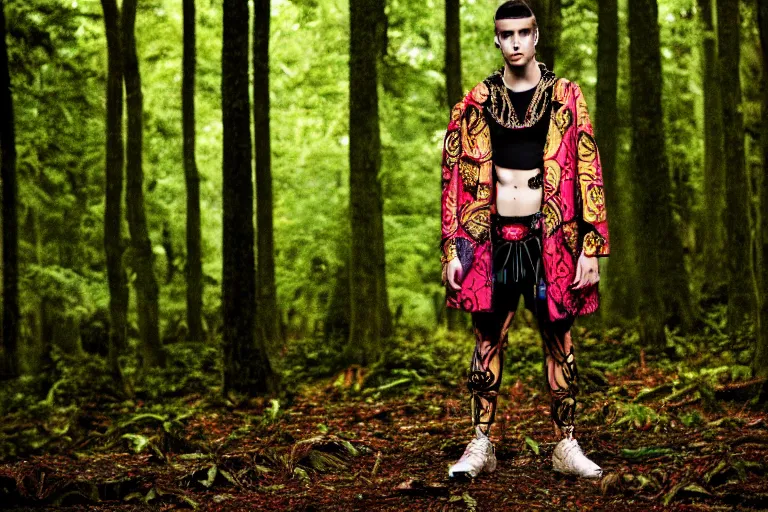 Image similar to versace avant garde male toga intricate textiles streetwear cyberpunk posing in the woods trees cloudy overcast dark late evening dramatic 3 5 mm professional color