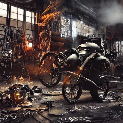 Image similar to bicycle mecha, dark messy smoke - filled cluttered workshop, dark, dramatic lighting, orange tint, sparks, cinematic, highly detailed, sci - fi, futuristic, movie still