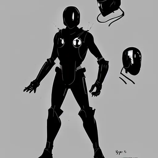 Prompt: concept art, stylized silhouette, super exaggerated proportions, concept design, male, science fiction suit, helmet, by pascal blanche