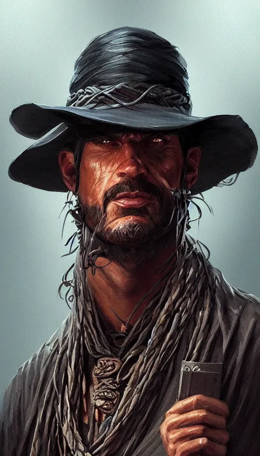 Image similar to misterious gaucho bandido commander, shady look, a raggy long poncho, magic the gathering, ready to shoot, intricate, highly detailed, digital painting, artstation, concept art, sharp focus, illustration, geometric dripped ink background, art by Artgerm, Grafit Studio, and Greg Rutkowski and Craig Mullins - W 700