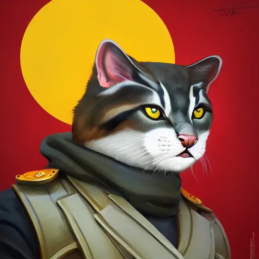 Prompt: Portrait painting an anthropomorphic cat wearing as Soviet leader, as an Overwatch character, medium shot, asymmetrical, profile picture, Organic Painting, sunny day, Matte Painting, bold shapes, hard edges, street art, trending on artstation, by Huang Guangjian and Gil Elvgren and Sachin Teng