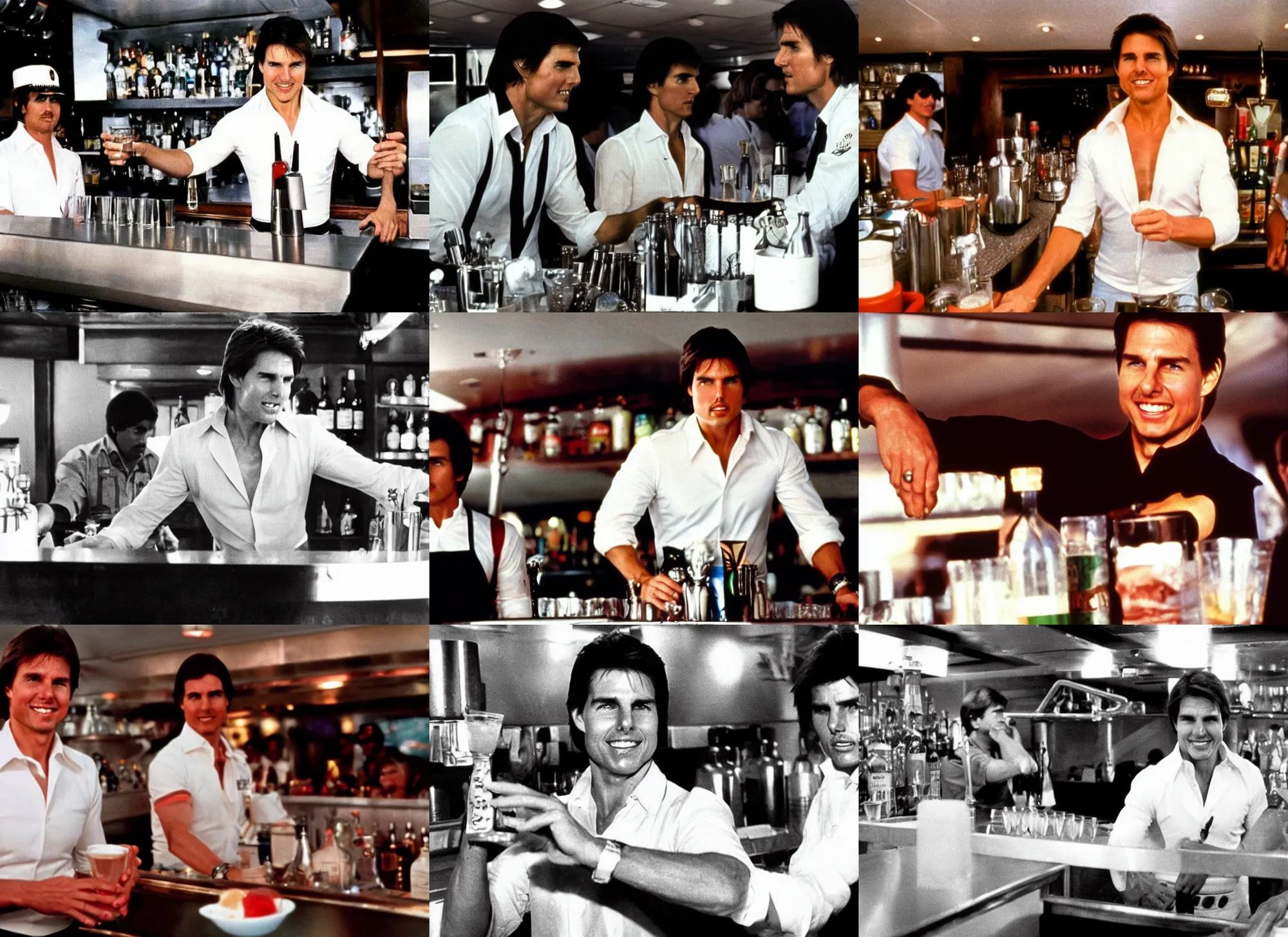 Prompt: tom cruise working as a bartender on the love boat, 1 9 8 0