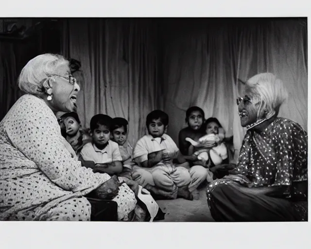 Image similar to A grandma telling stories to kids in an Indian suburban home, Photograph by Andrei Tarkovsky, shot on a large format film camera, 8K