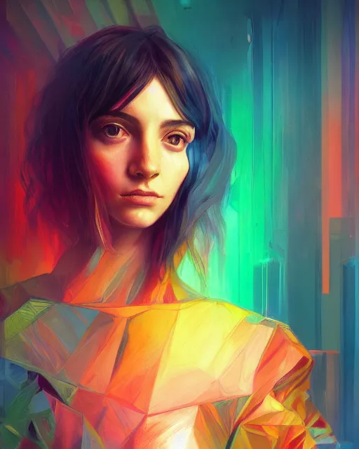 Image similar to colorful portrait of a brunette hippie, but set in the future 2 1 5 0 | highly detailed | very intricate | symmetrical | professional model | cinematic lighting | award - winning | painted by mandy jurgens | pan futurism, dystopian, bold psychedelic colors, cyberpunk, anime aesthestic | featured on artstation