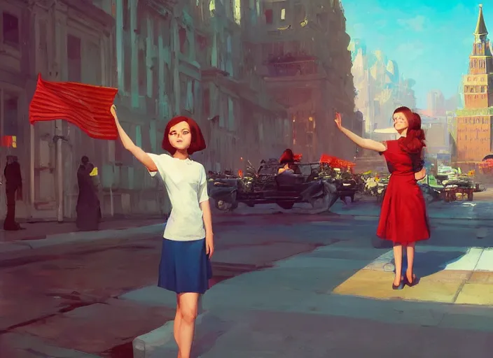 Prompt: gorgeous inspiring girl enthusiastically waving a red flag over her head to inspire people in a Mandelbrot fractal bustling Moscow City by Craig Mullins, ilya kuvshinov, krenz cushart, artgerm trending on artstation by Edward Hopper and Dan Mumford and WLOP and Rutkovsky, Unreal Engine 5, Lumen, Nanite