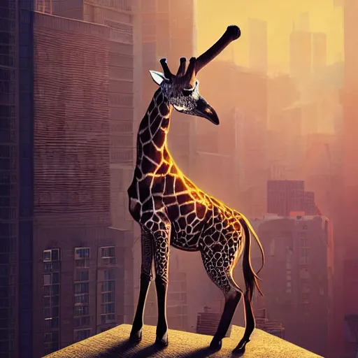 Prompt: a full body painting of a [ giraffe standing on rooftop ] [ animal ], intricate, epic lighting, cinematic composition, hyper realistic, 8 k resolution, unreal engine 5, by artgerm, tooth wu, dan mumford, beeple, wlop, rossdraws, james jean, andrei riabovitchev, marc simonetti, artstation