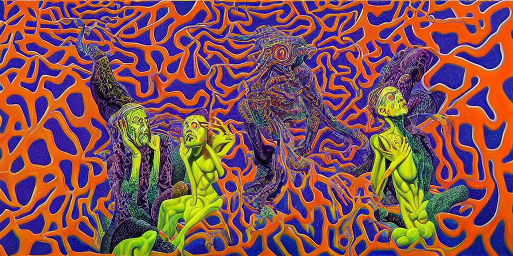 Image similar to basilisk, pain, pleasure, suffering, adventure, alex grey psychedelic dripping color love, abstract oil painting by mc escher tessalation and salvador dali gottfried helnwein