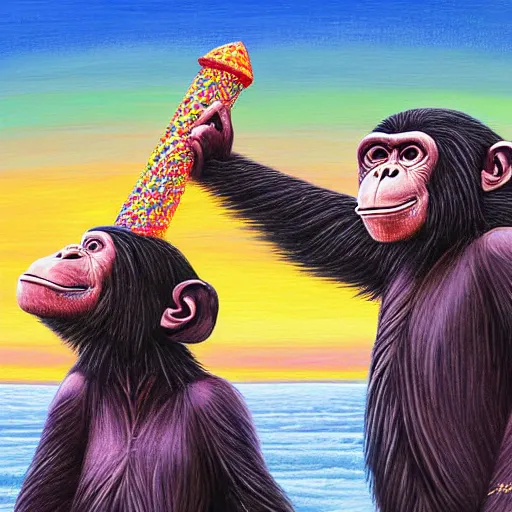 Image similar to a detailed art painting chimpanzee photograph of two chimpanzees!!! worshiping a giant ice cream cone sent by aliens that chimpanzees are worshiping, at dawn. by digital artists.