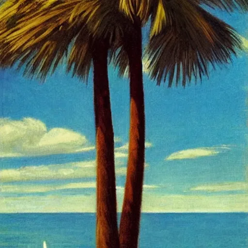 Prompt: palm tree in the middle of the ocean by Edward hopper