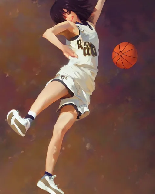 Image similar to A ultradetailed beautiful panting of a stylish girl dunking a basketball, Oil painting, by Ilya Kuvshinov, Greg Rutkowski and Makoto Shinkai