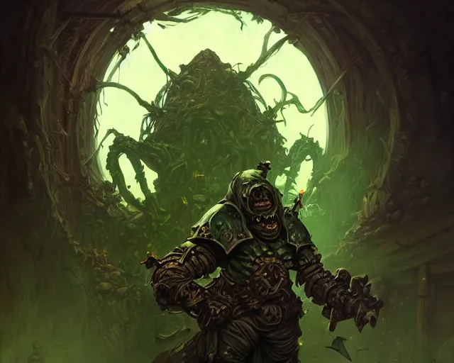 Image similar to wide shot of a cultist of nurgle, green and brown colours, bottom up green lighting, rotting, deep focus, d & d, fantasy, intricate, grim, highly detailed, digital painting, artstation, concept art, matte, sharp focus, illustration, hearthstone, art by artgerm and greg rutkowski and alphonse mucha