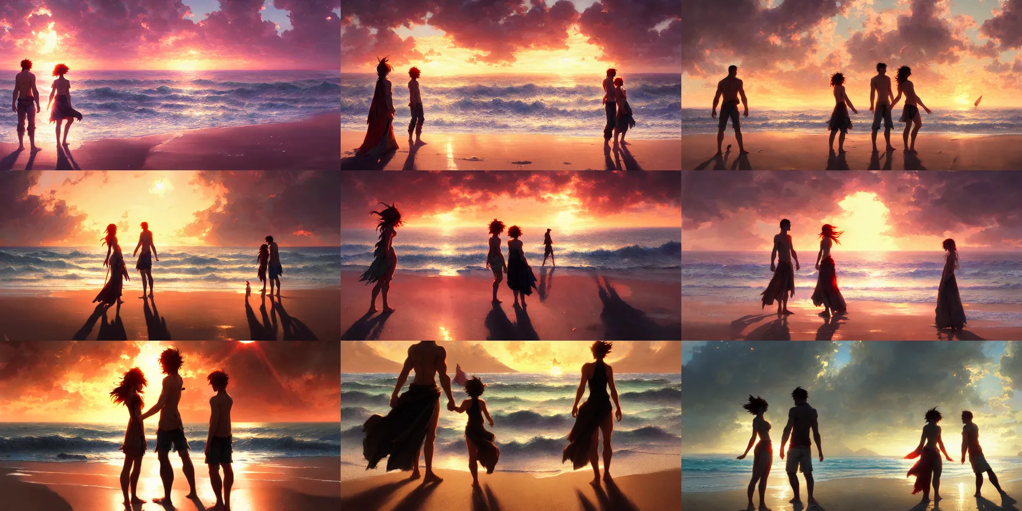 Prompt: two people stand on a beach romantically watching the sunset, center framing, highly detailed, heavy large lens flare, fantasy, digital painting, concept art, matte, art by ruan jia and wlop and greg rutkowski and makoto shinkai, masterpiece