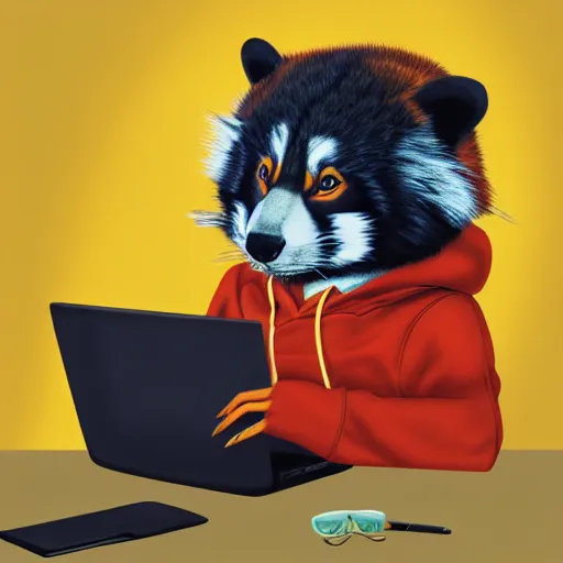 Image similar to beautiful portrait commission of a female furry anthro red panda wearing a yellow hoodie while typing on a laptop, trending on artstation