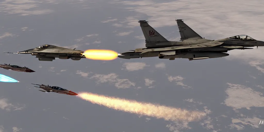 Image similar to MiG-21 and a F-16 fighter jet dogfight, AMRAAM missile launch , realistic, hyper-detailed, dramatic lighting, cinematic, 8k