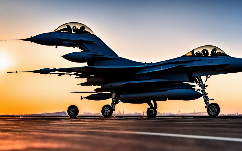 Prompt: full - view photo of an f 1 6 jet plane on an aircraft carrier deck in the sunset, hyperrealistic 8 k photo