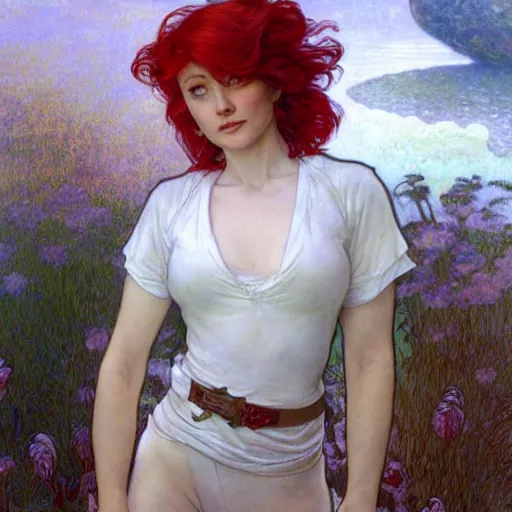 Prompt: A woman with red hair and long pixie haircut in shorts and white shirt drawn by Donato Giancola and Jon Foster, Frank frazetta, Alphonse Mucha, background by James Jean and Gustav Klimt, volumetric lighting, French Nouveau, trending on ArtStation, hyperrealistic