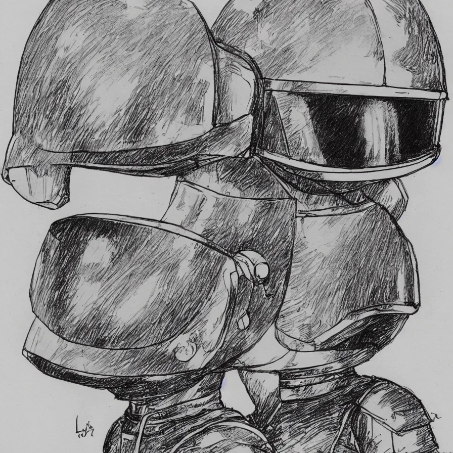 Image similar to sketch of a cute chibi dnd daft punk gnome wearing a helmet, dancing, etching by louis le breton, moebius 1 8 6 9, 1 2 0 0 dpi scan