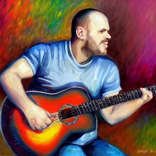 Image similar to andy mckee playing guitar, wonderful expressive portrait painting of youtube musician andy mckee doing his finger tap technique