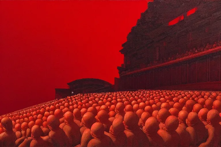 Image similar to only with red, a red great emperor, taormina amphitheatre, expressive crowd with big smile, in the style of beksinski, parts by edward hopper, parts by rodcenko, parts by yue minjun, intricate and epic composition, red by caravaggio, insanely quality, highly detailed, masterpiece, red light, artstation, 4 k