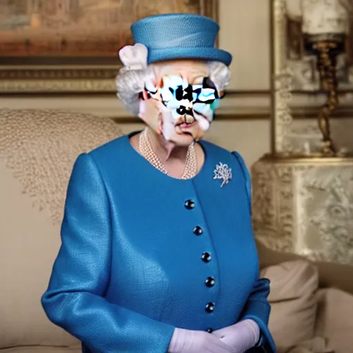 Prompt: the queen of england with dark invasive biomechanical implants sat within a nightmare of black steel and pipes