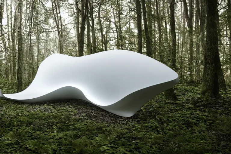 Prompt: a white sculpture designed by Zaha Hadid in a forest, dramatic lighting, trending on Artstation, 8k, photorealistic, hyper detailed, unreal engine 5, IMAX quality, cinematic, epic lighting, in the style of Greg Rutkowski
