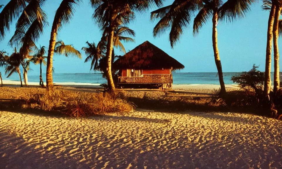 Image similar to 35mm film still, morning light over wood bungalow on the beach of a tropical island, vivid , color palette of gold