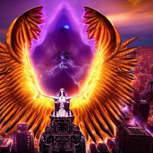 Image similar to a render of a gigantic biblically accurate angel with rings of fire and many eyes over a city, purple, gold, hyper detailed, realistic, photorealistic