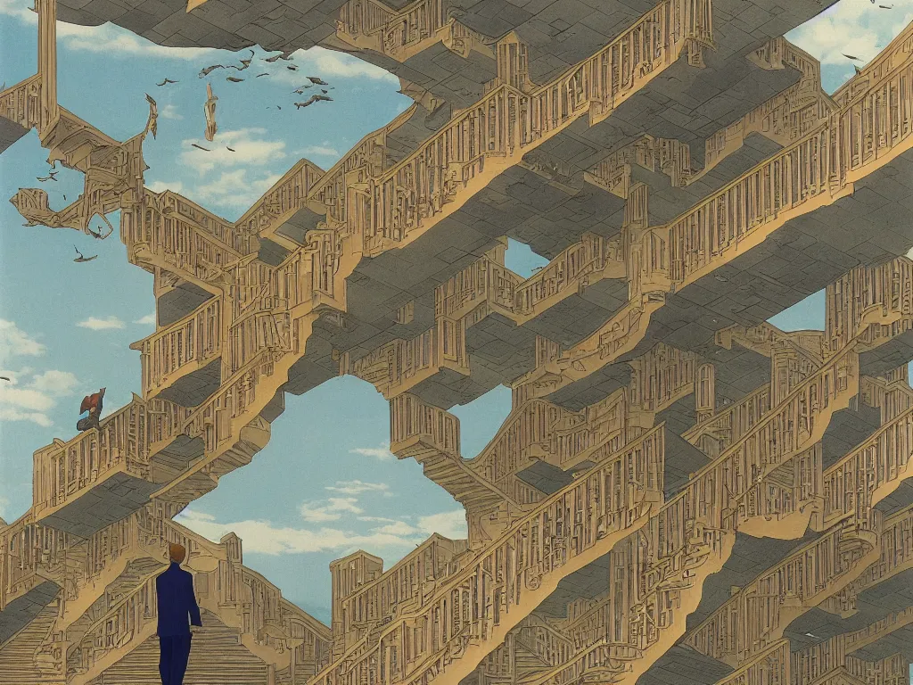 Prompt: lithograph printed in 2100. It depicts a man in a art gallery viewing a print of a seascape. The man\'s reflection is seen in the print, and the reflection shows the man walking down a staircase. The staircases in the print appear to be infinite, By M. C. Escher, colorized by Hayao Miyazaki