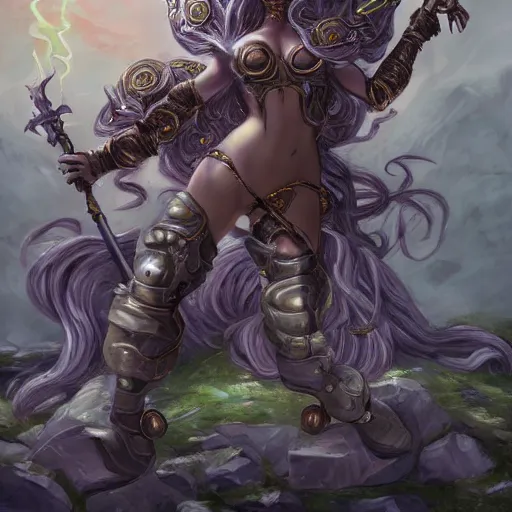 Image similar to torquoise fantasy armored medusa holding a spear, pillars background with ruined and statues, fantasy game art, fantasy rpg, league of legends