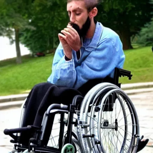 Image similar to jesus christ smoking a blunt, sitting in a wheelchair