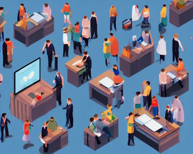 Prompt: A crowd of miniature professional people standing on a computer, isometric, highly detailed, whimsical, 4k