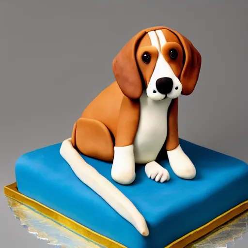 Prompt: a high quality photo of an award winning cake in the shape of a beagle, studio lighting, blue backdrop. HD