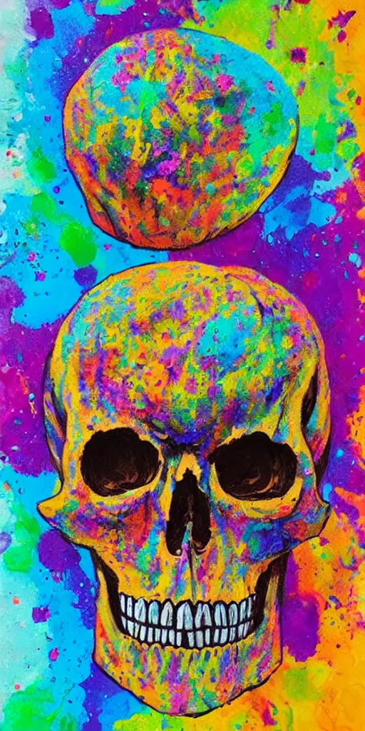 Image similar to intricate skull with dots of paint melting in to a colorful painting made of gouache impasto