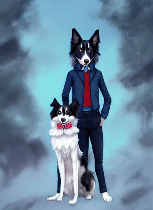 Prompt: full body digital painting of a cute male anthropomorphic border collie fursona wearing a blue dog collar and black jacket and standing outside, furaffinity, intricate, elegant, beautiful, realistic proportions, highly detailed, scenic background, trending on artstation, art by charlie bowater and henry asencio and and ross tran