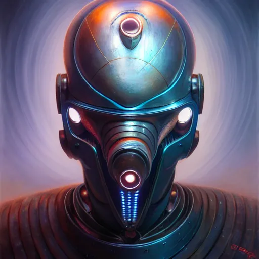 Image similar to front shot of a cyberpunk gazmask robot character, intricate, elegant, highly detailed, centered, digital painting, artstation, concept art, smooth, sharp focus, illustration, artgerm, Tomasz Alen Kopera, Peter Mohrbacher, donato giancola, Joseph Christian Leyendecker, WLOP, Boris Vallejo