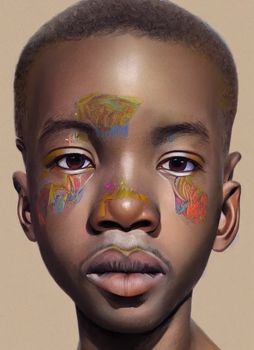 Prompt: colourful upper half portrait of an african boy - art by aya takano & hsiao - ron cheng, highly detailed, digital painting, illustration, smooth, sharp focus, intricate, symmetry, pinterest, behance, artstation