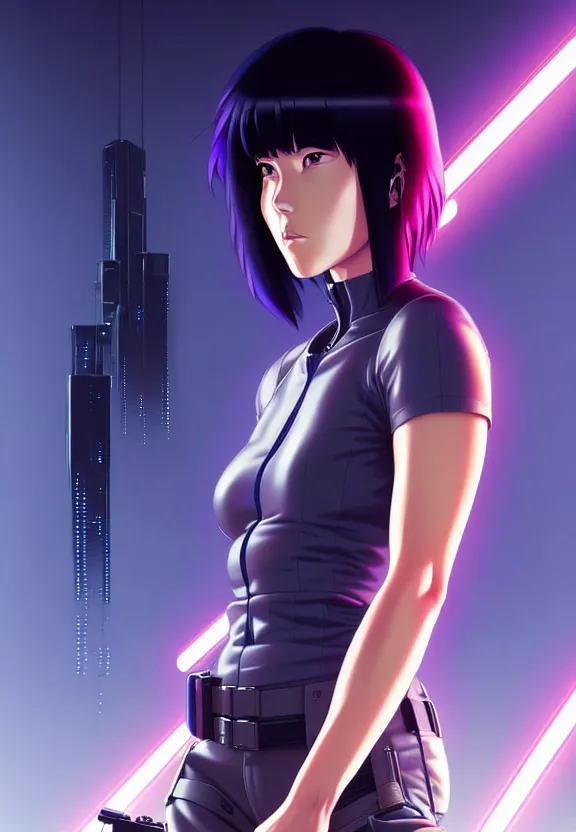 Image similar to a fullbody portrait of motoko kusanagi the major ghost in the shell : : connected to cables, under repairs, maintenance area, technicians : : by ilya kuvshinov, rossdraws, artgerm, sola digital arts, anti aliasing, raytracing : :