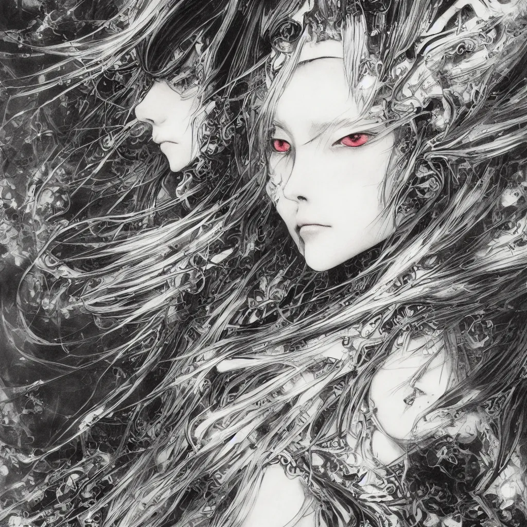 Prompt: Yoshitaka Amano realistic illustration of an anime girl with black eyes, wavy white hair fluttering in the wind and cracks on her face wearing elden ring armor with engraving, abstract black and white patterns on the background, noisy film grain effect, highly detailed, Renaissance oil painting, weird portrait angle, blurred lost edges, three quarter view