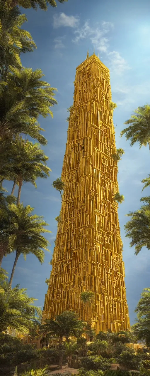 Image similar to eye level view of single tower, golden facade babylon tower, sacred ancient architecture, hanging gardens, cascading highrise, arid mountains with lush palm forest, sunlight, post - production, octane, cgi, sfx