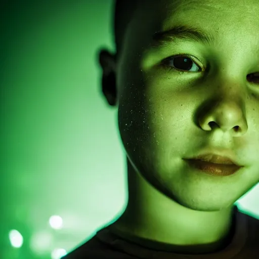 Image similar to a young boy with face lit by green glow at midnight, atmospheric epic award winning photo with volumetric cinematic lighting