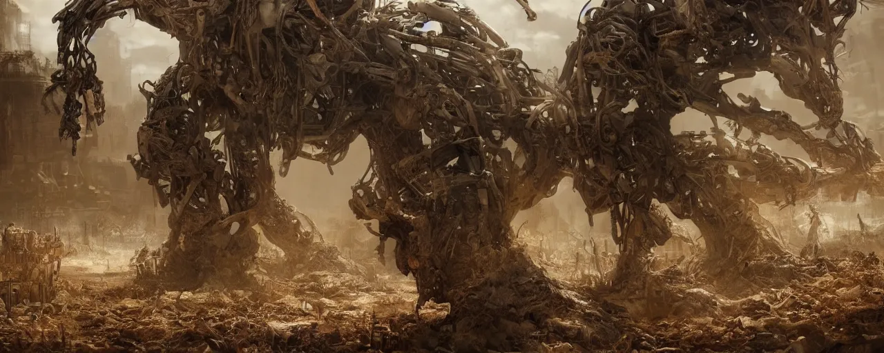 Image similar to an intricate concept art of a humanoid coming out of the ground, post - apocalyptic, matte painting, concept art, hyper realistic, cgsociety, artstation, style by feng zhu and dylan cole, octane render, anime style, anime color palette, cinematic lighting