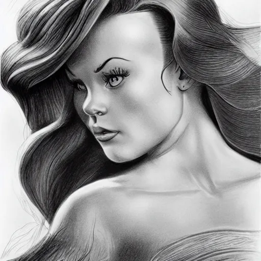 Image similar to beautiful pencil drawing of little mermaid portrait from disney by alex ross