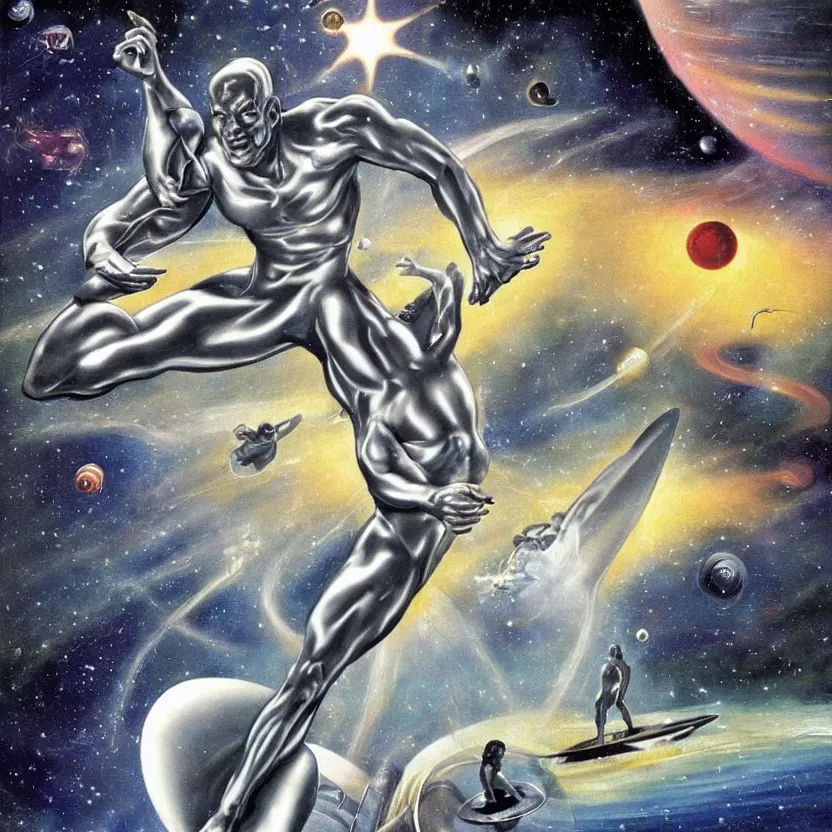 Image similar to silver surfer surfing by planets in space. action shot. pulp sci - fi art for omni magazine. high contrast. baroque period, oil on canvas. renaissance masterpiece.