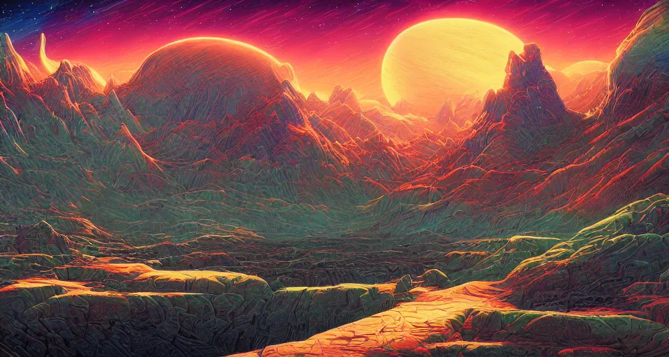 Prompt: a scifi landscape painting by Dan Mumford, by Greg Hildebrandt,trending on artstation,intricate,2d,4k,pastel colors
