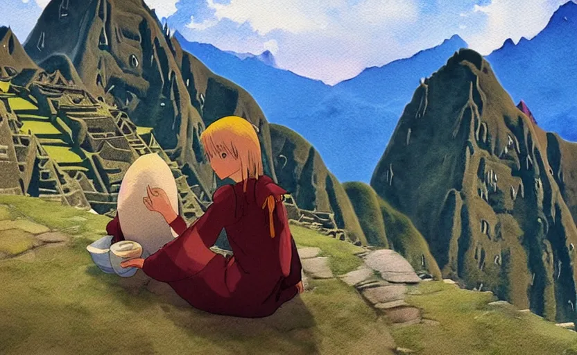 Image similar to a realistic and atmospheric watercolor from howl's moving castle ( 2 0 0 4 ) of a witch meditating in machu pichu. very dull muted colors, hd, 4 k, hq