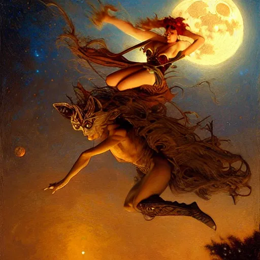 Image similar to witch flying, trough the night, fantasy, full moon in background. highly detailed painting by gaston bussiere, craig mullins, j. c. leyendecker 8 k