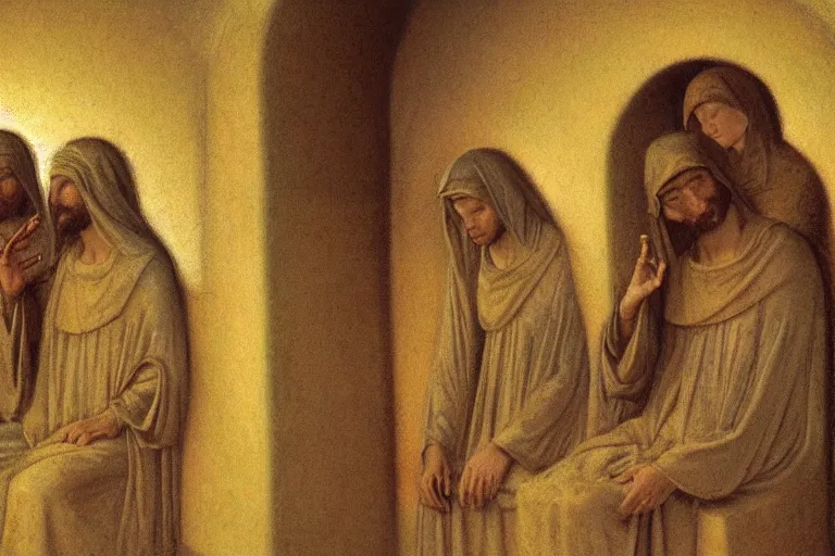 Image similar to inside the tomb of jesus, dark scene, light coming in from the left, small steps leading down, 3 marys crouching in colored robes at the tomb | 2 angels on the right side | medium close | fibonacci composition, by odd nerdrum