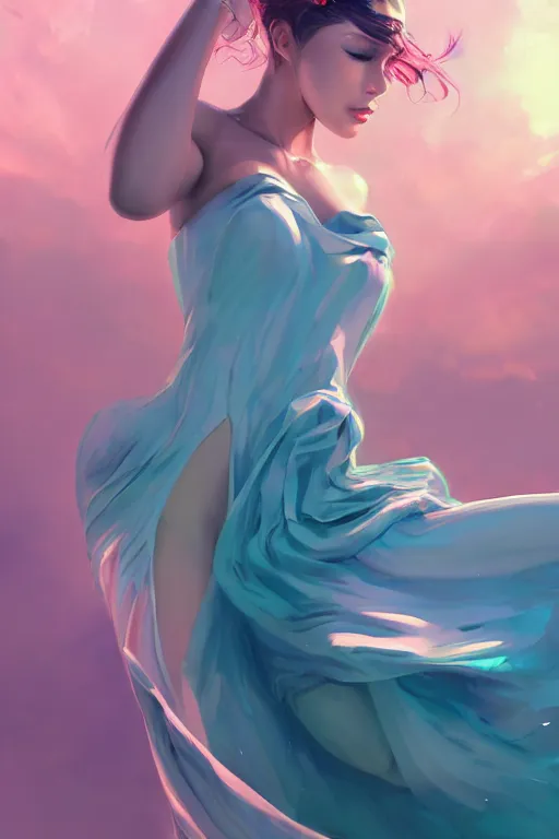 Image similar to a beautiful fashion goddness of love, chic strapless dress, tropical sea background, character design, in the style of artgerm, and wlop, cinematic lighting, hyperdetailed, 8 k realistic, symmetrical, global illumination, radiant light, frostbite 3 engine, cryengine, dof, trending on artstation, digital art