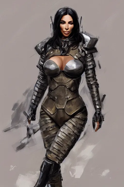 Image similar to a professionally painted portrait of Kim Kardashian, clothed in military armor, intricate, elegant, digital painting, trending on Artstation, concept art, smooth, sharp focus, illustration, from Metal Gear by Ruan Jia and Mandy Jurgens and Artgerm and William-Adolphe Bouguerea, award winning